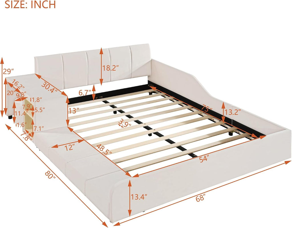Merax Full Size Velvet Bed Frames Upholstered Grounded Bed, Wooden Mother & Child Bed with Bedside Desk and Little Round Stool,Kids Adults Bedroom Floor Platform Bed,Beige