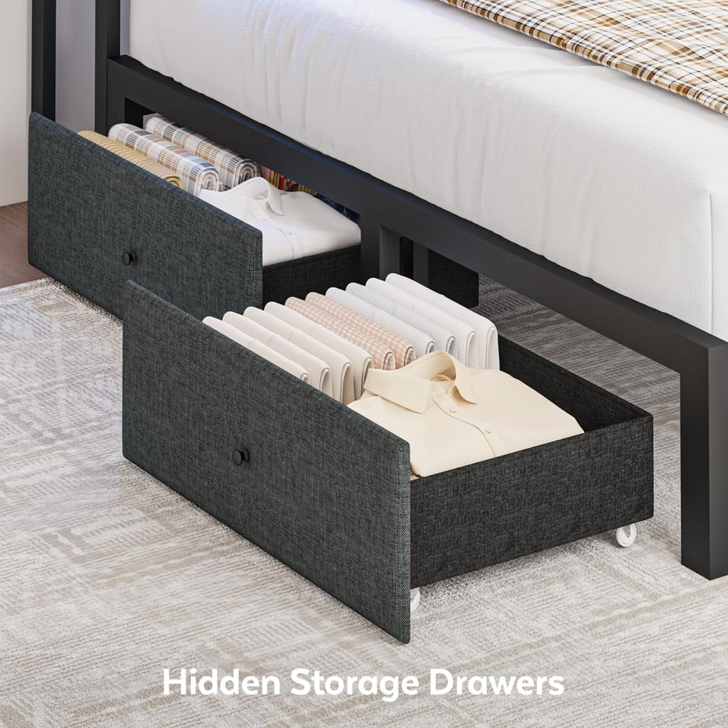 Full Corner Bed Frame with Storage Drawers, Modern Daybed with LED Lights and Charging Station, Metal Platform Bed Frame Full Size with Linen Upholstered Guardrail for Dorm Bedroom, Grey