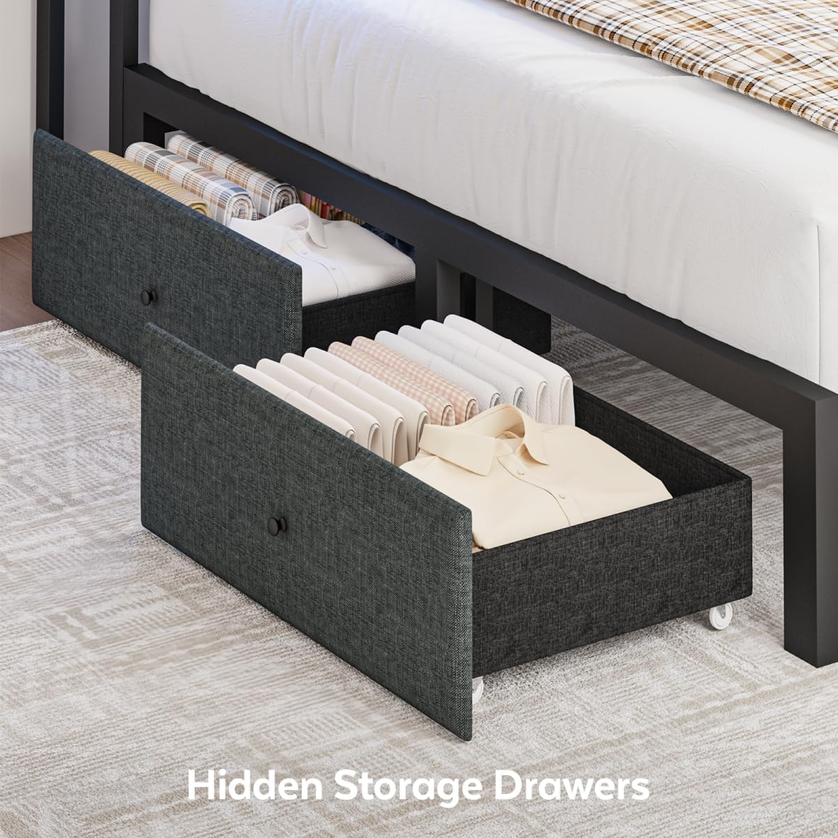 Full Corner Bed Frame with Storage Drawers, Modern Daybed with LED Lights and Charging Station, Metal Platform Bed Frame Full Size with Linen Upholstered Guardrail for Dorm Bedroom, Grey