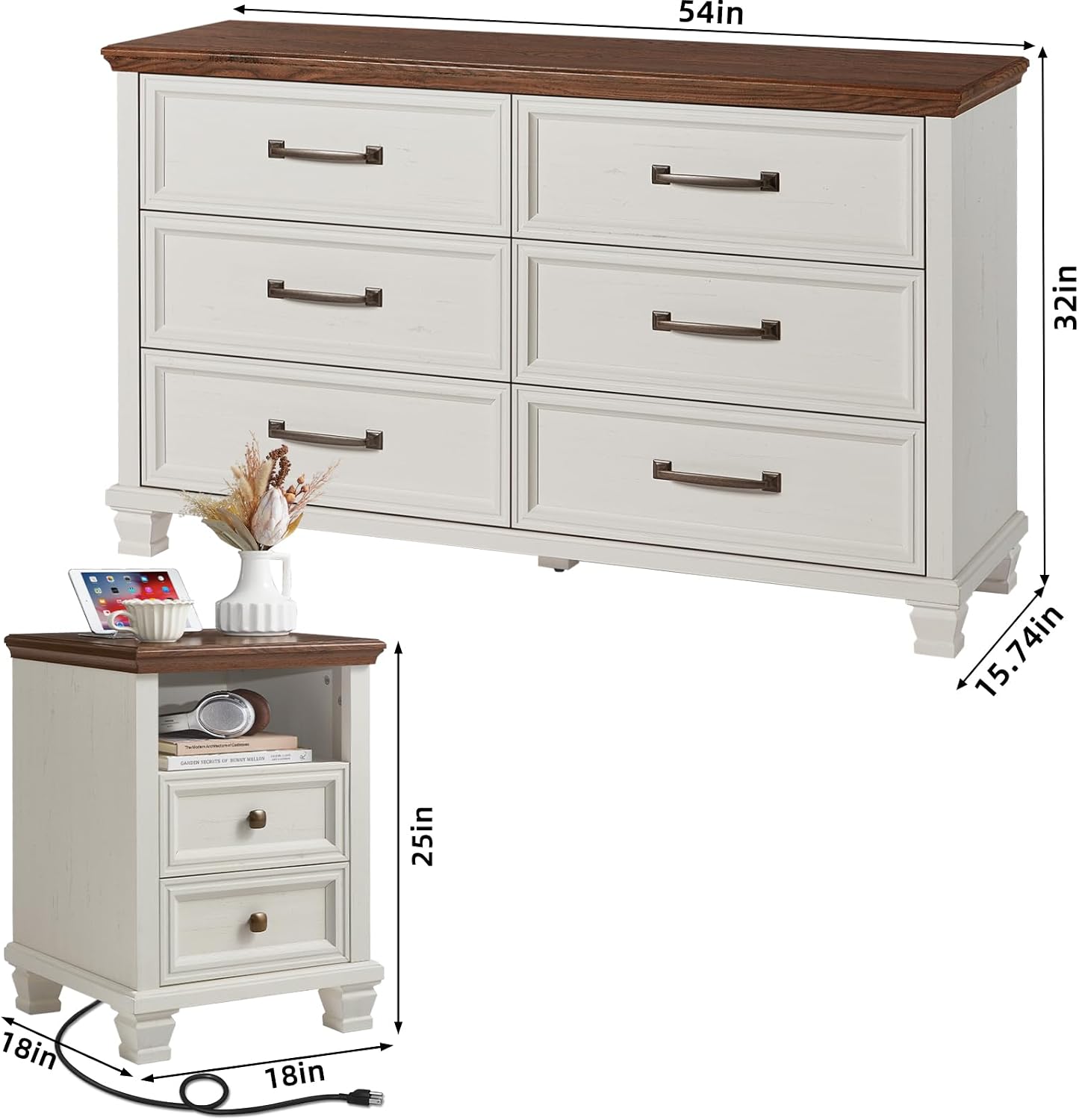 SAVOR LIFE Farmhouse Dresser and Nightstand Sets of 3 Piece, 6 Drawer Dresser and 2 Drawer Nightstand Set, Rustic Wood Bedroom Furniture Set for Home,Hallway,White