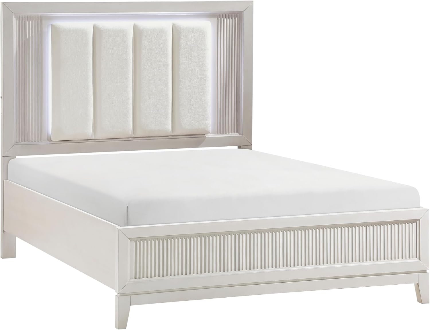 Modern Antique White Finish Bedroom Set 5 Piece Queen Size Bed with LED Light Wooden Furniture