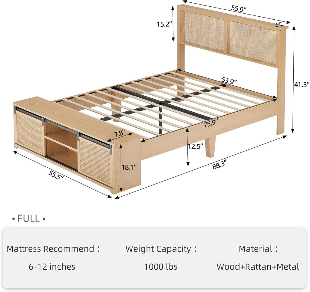 GarveeHome Natural Rattan Full Size Bed Frame with Sliding Barn Door Storage Cabinets, LED Light Headboard, Boho Farmhouse Wood Platform Bed with Solid Wood Legs Support, No Box Spring Needed