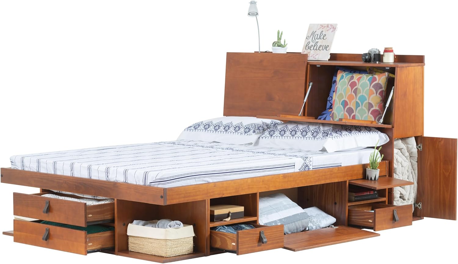 memomad Bali Set: Storage Platform Bed with Drawers + Bookcase Headboard (Full Size, Caramel Brown Wood)