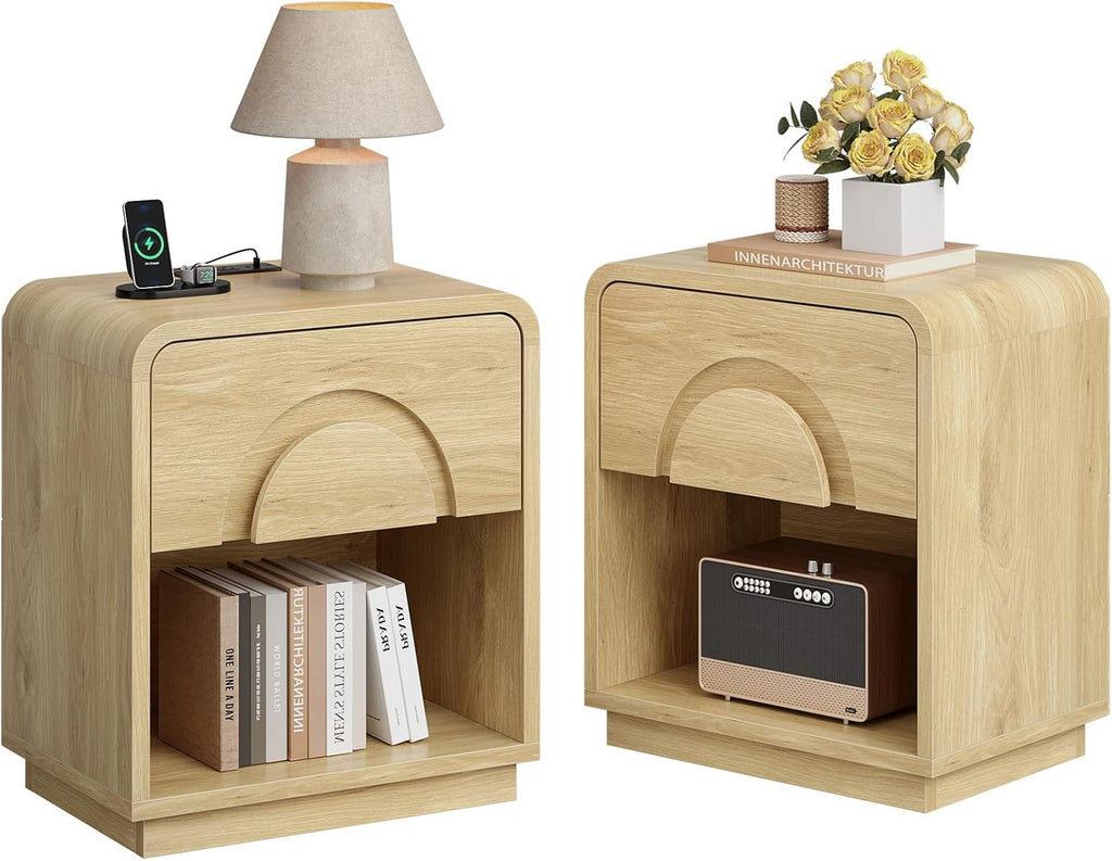 Bestier Night Stand Set of 2, 23.6' H Curved Nightstand with Charging Station, Farmhouse Bedside Table with Drawer & Open Shelf, Arched & Curved Nightstand, Solid Wood End Table for Bedroom, Natural