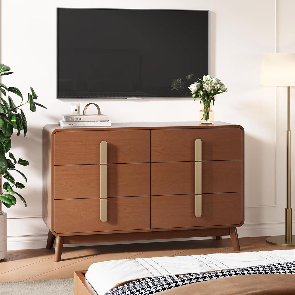 JOINICE Dresser for Bedroom with 6 Drawers,Mid Century Modern Dresser with Storage,47' Wide Chest of Drawers with Metal Handles,Large Wood Drawer Organizer for Bedroom,Living Room,Hallway,Cherry