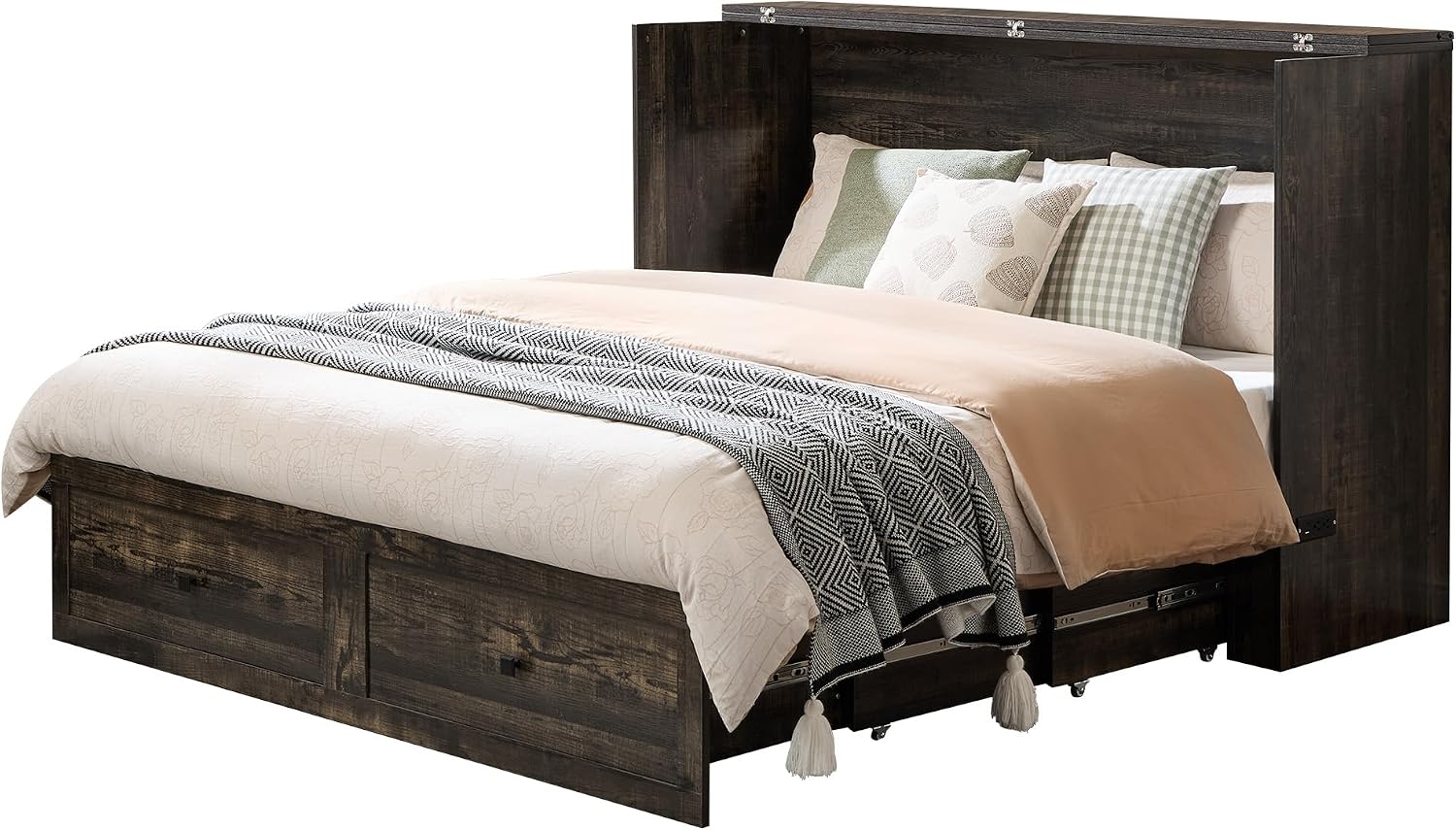 LUXOAK Full Murphy Bed with Storage and Charging Station, Farmhouse Cabinet Bed, Noise-Free, for Guest Room, Apartment, or Office, Black Oak