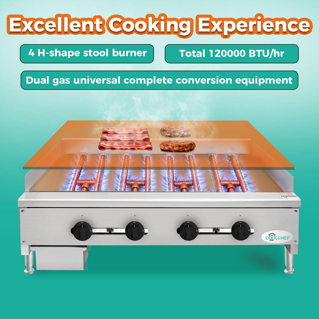 48' Commercial Natural Gas Griddle, Manual Controls, 4 Burners, Heavy Duty Stainless Steel Flat Top Countertop Restaurant Griddle Grill for Restaurant, 120,000 BTU