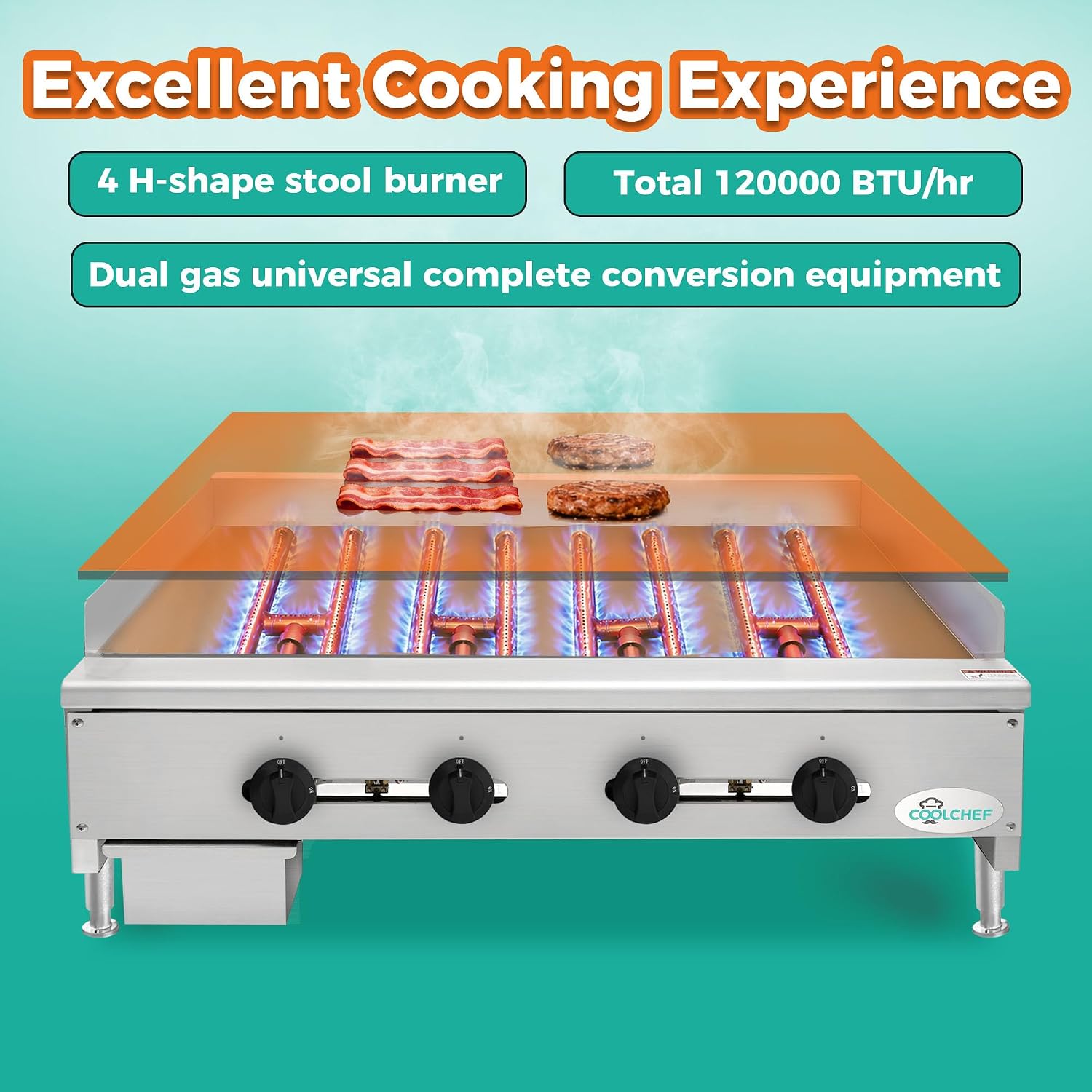 48' Commercial Natural Gas Griddle, Manual Controls, 4 Burners, Heavy Duty Stainless Steel Flat Top Countertop Restaurant Griddle Grill for Restaurant, 120,000 BTU