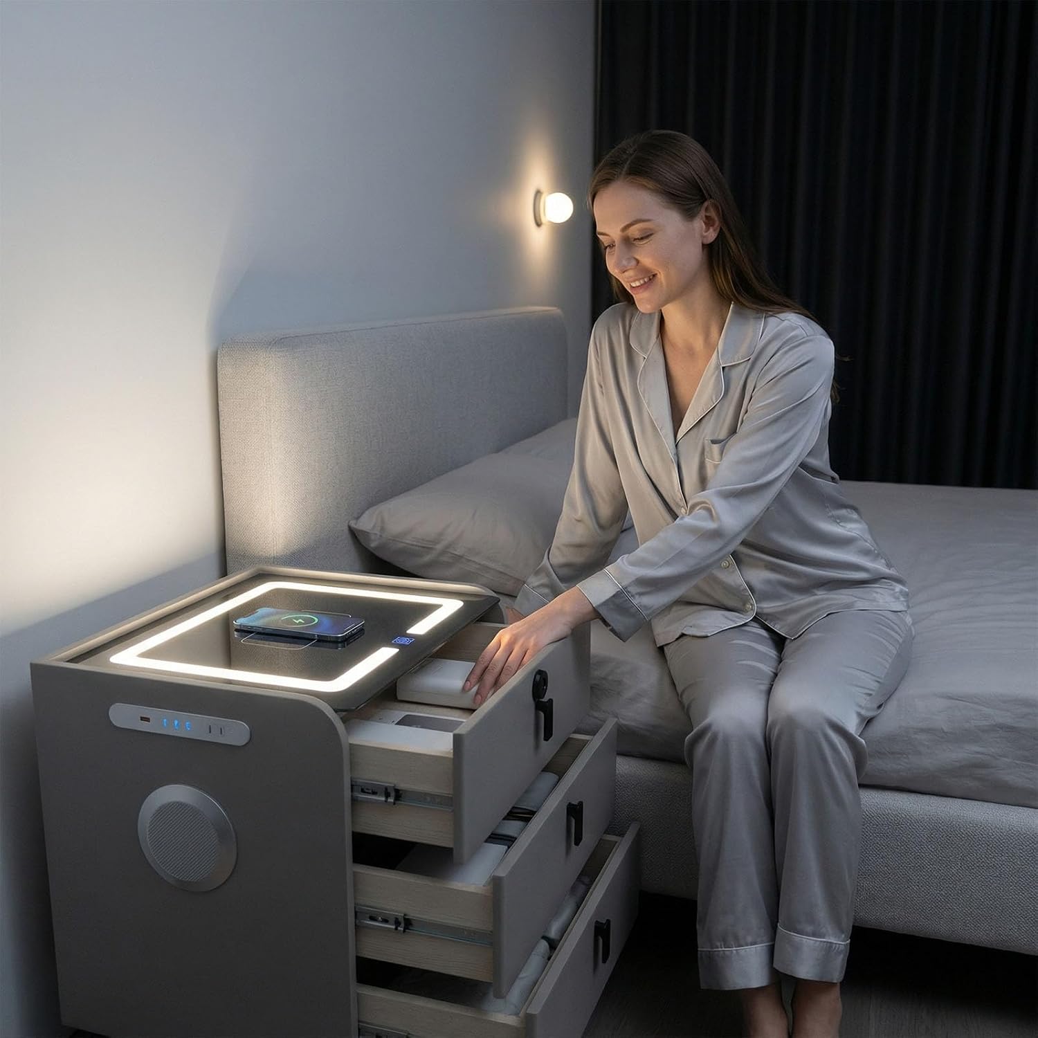 LED Nightstands Set of 2, Night Stands for Bedroom with Charging Station and Fingerprint Lock, Bedside Table with Power Outlets & 3 Drawers No Assembly Modern End Side Table (Grey)