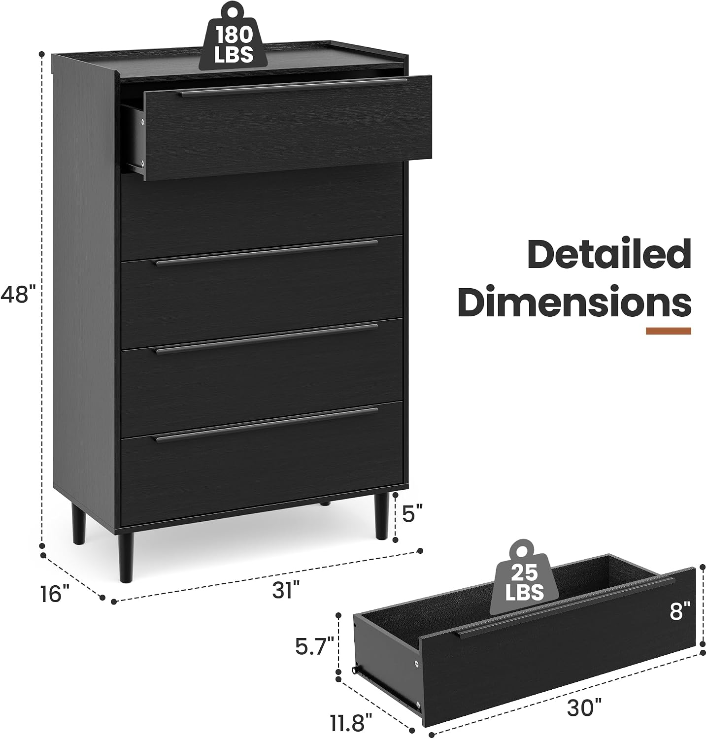 31' W x 48' H Black 5 Drawer Dresser for Bedroom, Modern Tall Chest of Drawers with Raised-Edge Gallery Top, Metal Handles, Tapered Legs, Black Oak