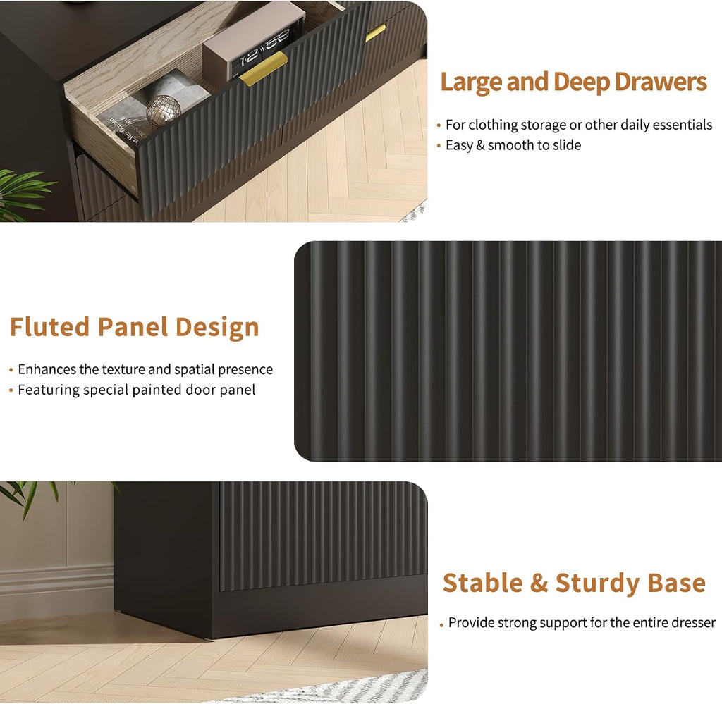 Black Dresser and Nightstand Sets, 6 Drawer Dresser Set for Bedroom 3 Piece, 55' Wide Fluted Wood Dressers W/Metal Handle & Night Stand Set of 2, Modern Bedroom Furniture Sets, Black