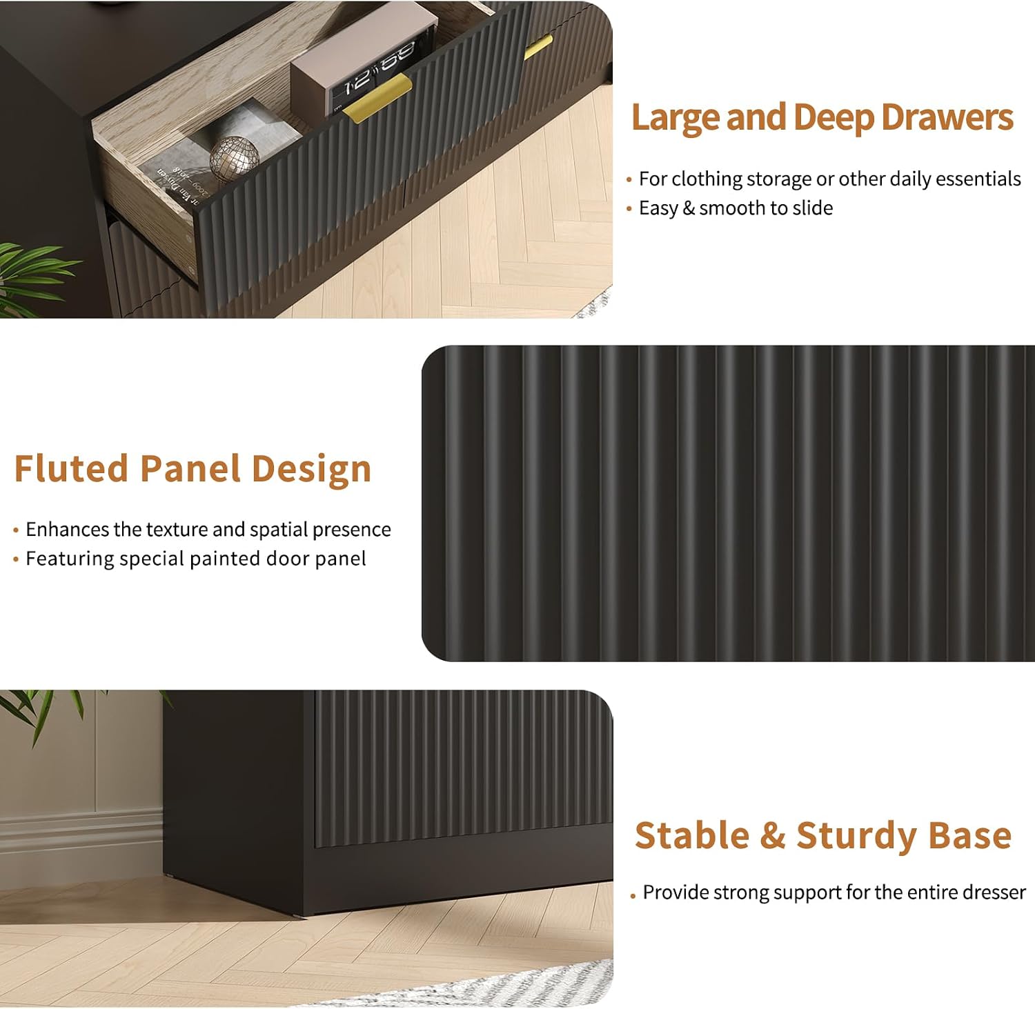 Black Dresser and Nightstand Sets, 6 Drawer Dresser Set for Bedroom 3 Piece, 55' Wide Fluted Wood Dressers W/Metal Handle & Night Stand Set of 2, Modern Bedroom Furniture Sets, Black