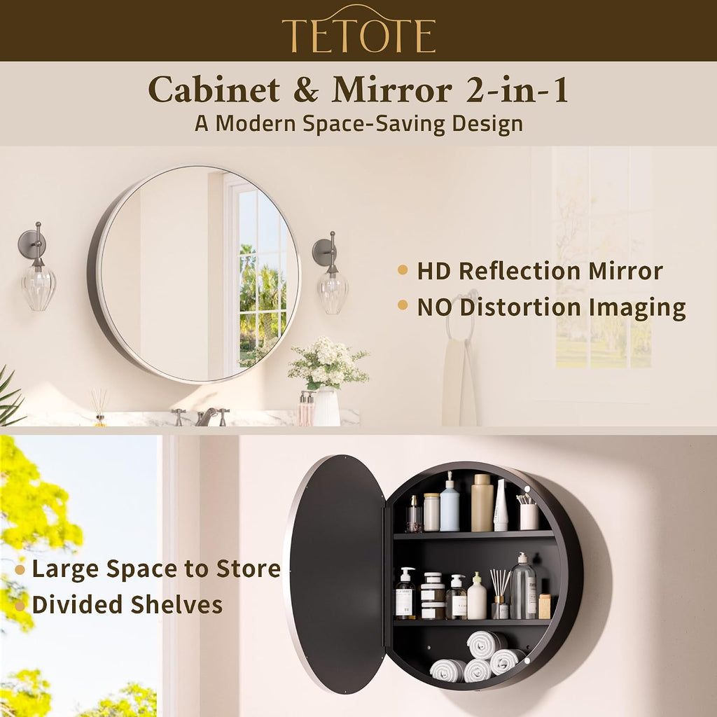 TETOTE 20 x 20 Inch Medicine Cabinet Mirror Matte Silver Gray Framed Round Mirrored Medicine Cabinets for Bathroom Adjustable Shelves Modern Bathroom Mirror with Storage Wall Mounted