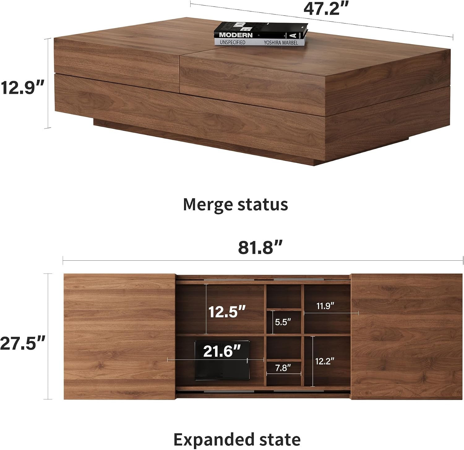 Mid-Century Modern TV Stand & Expandable Coffee Table Set, Walnut Finish, Stylish Storage Combo for Living Room or Bedroom (70.87' TV Stand+Coffee Table)