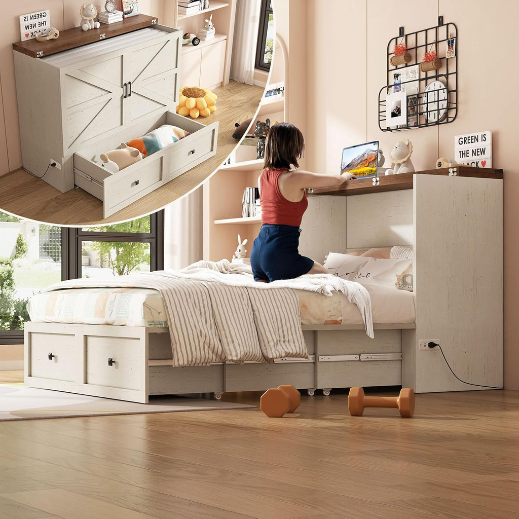 AMERLIFE Full Murphy Bed with Storage & Charging Station, Farmhouse Murphy Cabinet with Foldable Panel, Noisy Free, for Guest Bedroom, Living Room, Office, Distressed White