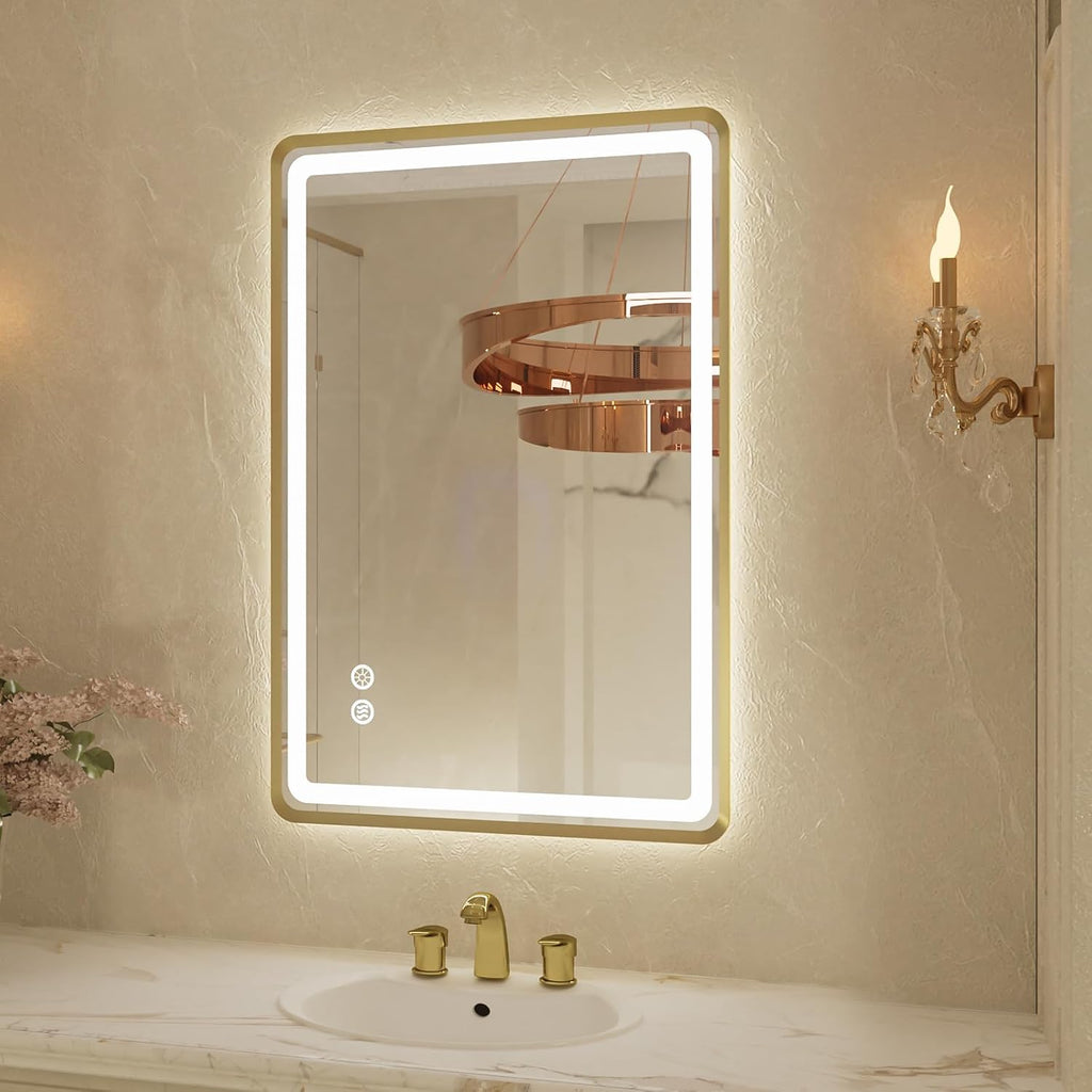 20'x 28' Gold Framed LED Mirrors for Bathroom, Wall Mounted Lighted Bathroom Vanity Mirror, Front and Backlight, Stepless Dimmable, 3 Colors, Anti-Fog, Memory, Smart Touch Button