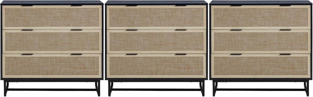 Nathan James Kova Boho Dresser or Storage Cabinet with Drawers for Bedroom or Nursery with Textilene Rattan Accent and Metal Legs, Black Oak, Set of 3