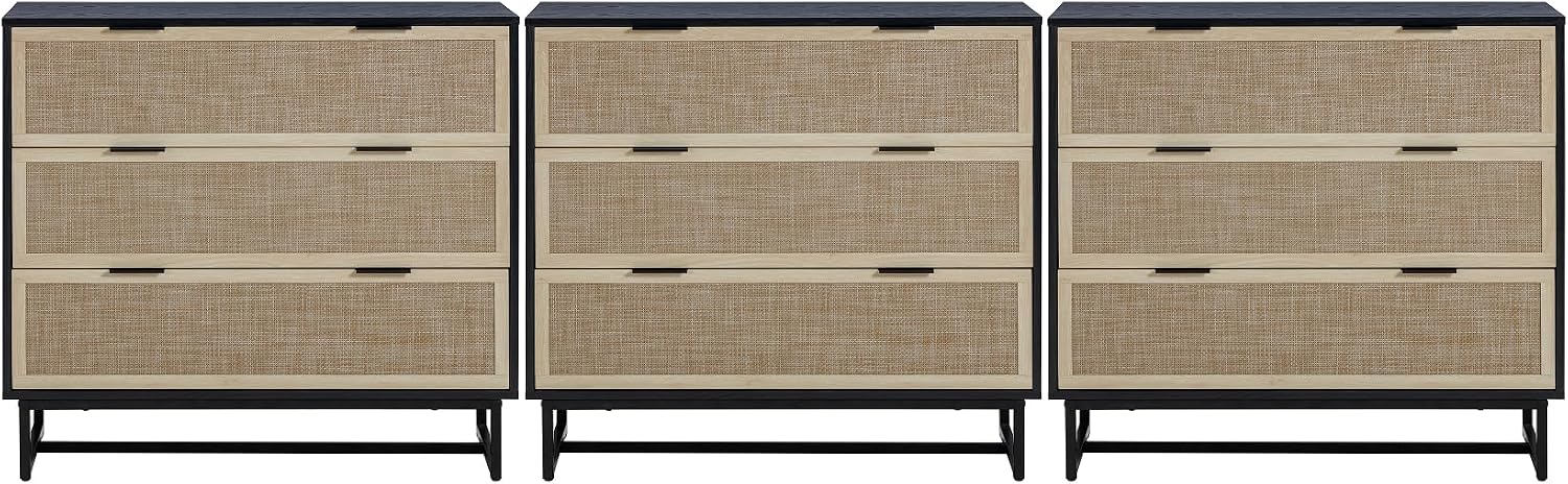 Nathan James Kova Boho Dresser or Storage Cabinet with Drawers for Bedroom or Nursery with Textilene Rattan Accent and Metal Legs, Black Oak, Set of 3