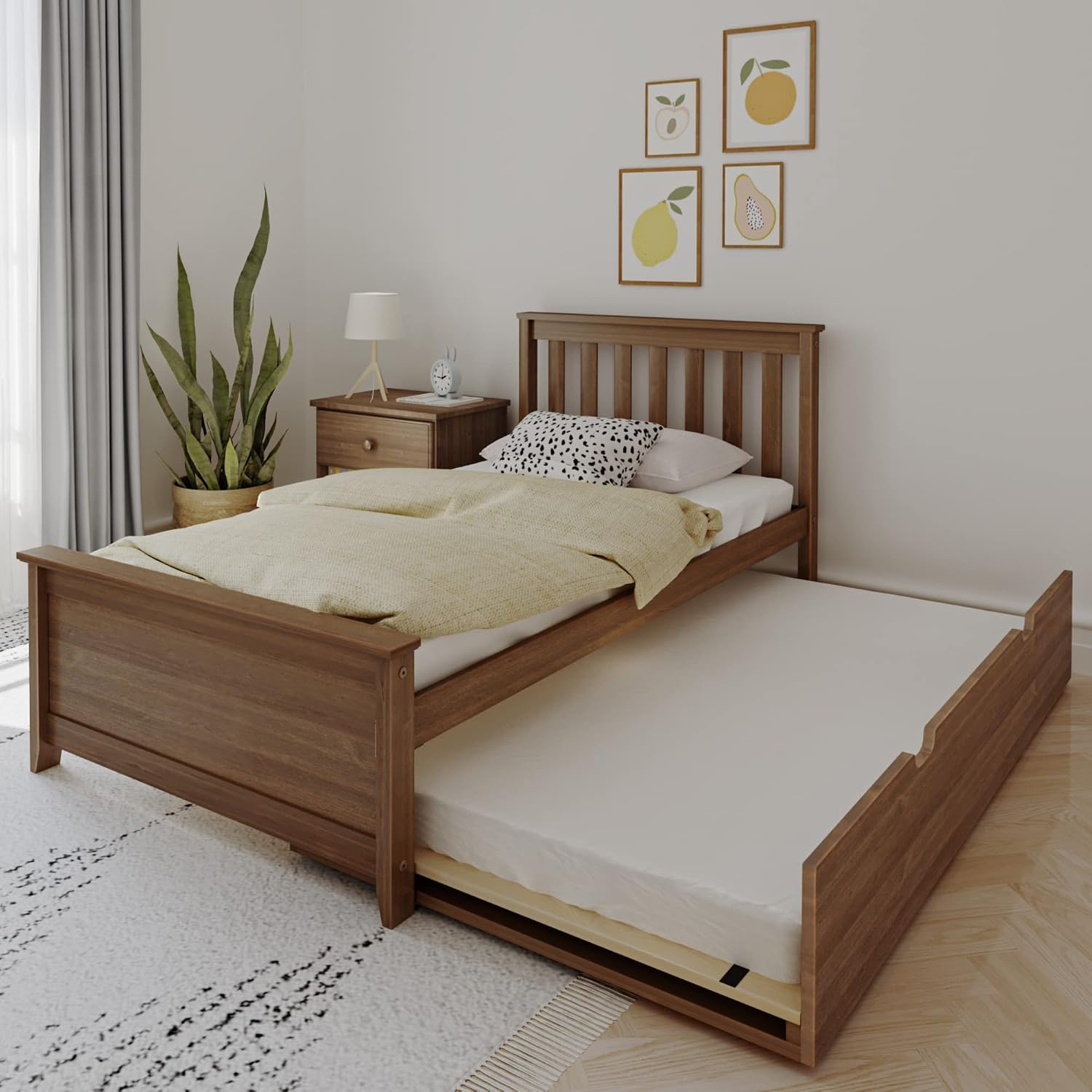 Max & Lily Classic Twin Bed, Slatted Headboard, with Trundle, Walnut