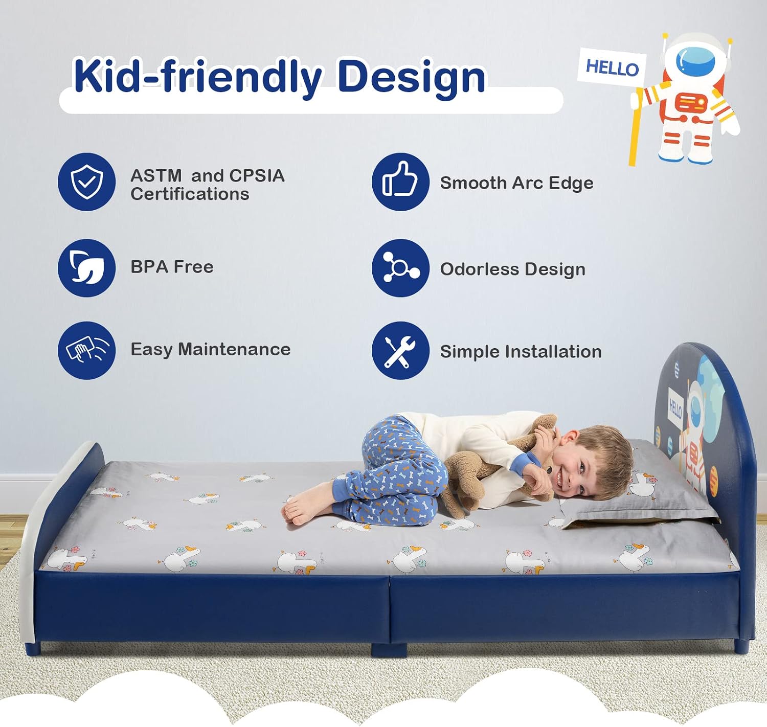 Costzon Twin Bed Frames for Kids, Wood Upholstered Twin Bed Platform with Slat Support, Padded Headboard&Footboard, No Box Spring Needed, Easy Assembly, Fits Standard Twin Mattress (Astronaut)
