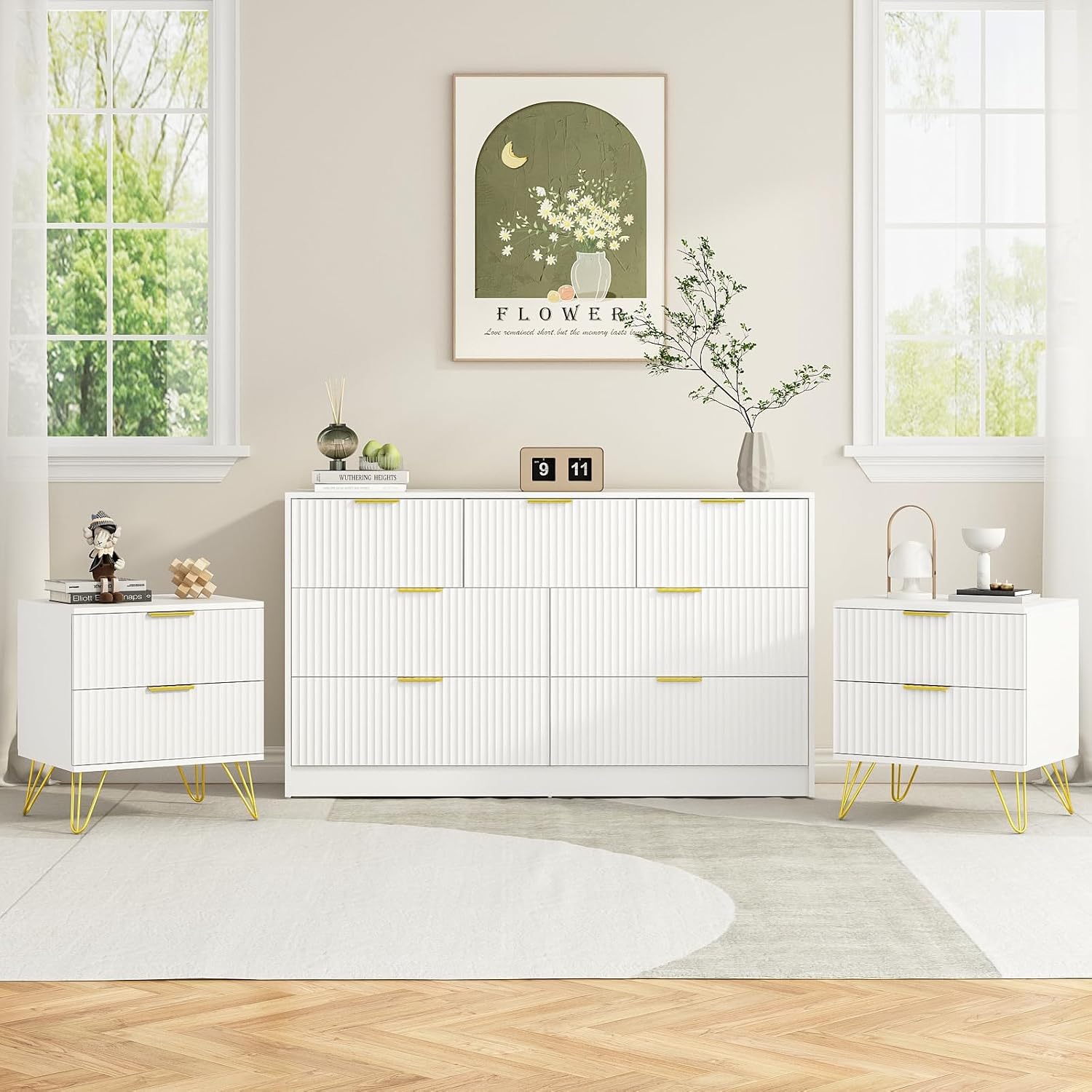7 Drawer Dresser and Nightstand Sets for Bedroom, 3 Pcs Bedroom Set，Night Stand Set of 2 & 7 Drawer Dresser with Gold Handles, Modern Wood Chest of Drawers Storage Cabinet Set, White