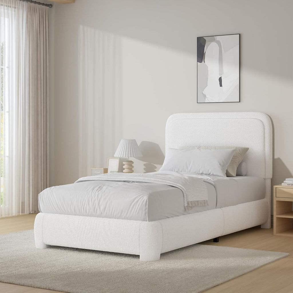 BarnFurin Twin Bed Frames with Headboard,Cloud Boucle Upholstered Platform Bed, Soft Rounded Corners, No Box Spring Needed, Non-Slip and Noise-Free, Easy Assembly, White