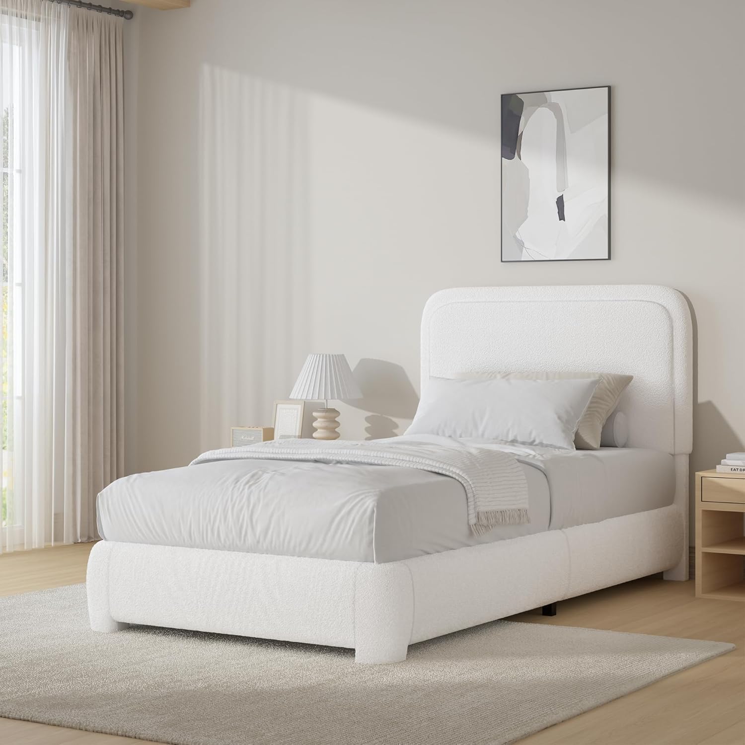 BarnFurin Twin Bed Frames with Headboard,Cloud Boucle Upholstered Platform Bed, Soft Rounded Corners, No Box Spring Needed, Non-Slip and Noise-Free, Easy Assembly, White