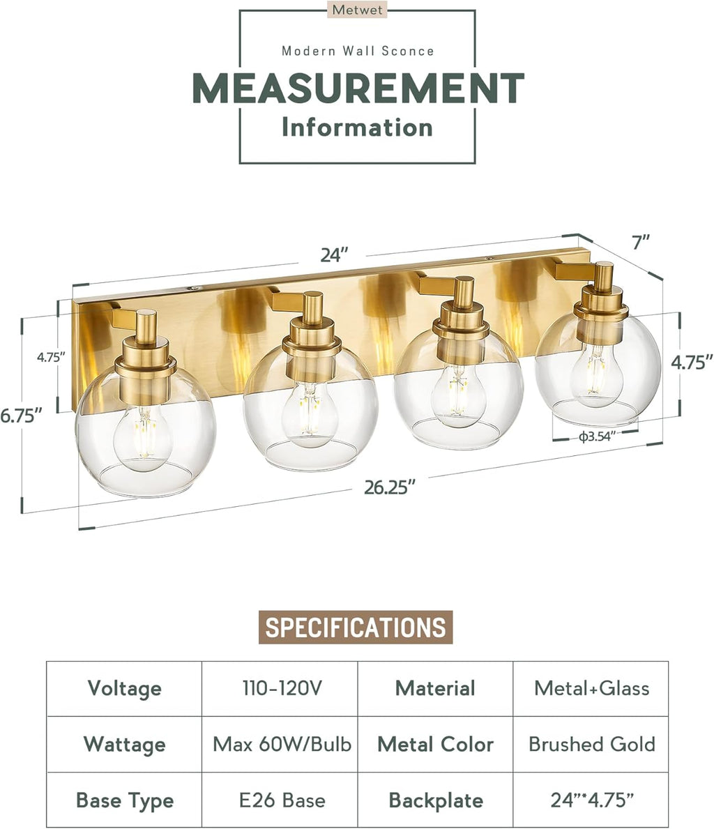 Bathroom Light Fixtures, 4 Light Brushed Gold Vanity Light, 26 Inch Modern Wall Sconces with Globe Clear Glass Shade, Vanity Lighting Fixtures Over Mirror, VL195-BG-CL-4