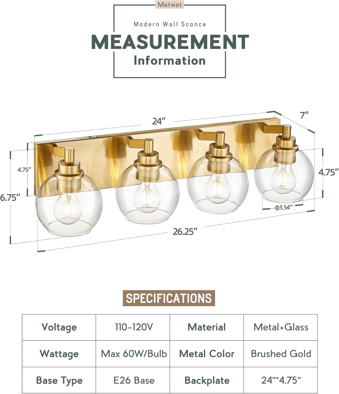 Bathroom Light Fixtures, 4 Light Brushed Gold Vanity Light, 26 Inch Modern Wall Sconces with Globe Clear Glass Shade, Vanity Lighting Fixtures Over Mirror, VL195-BG-CL-4