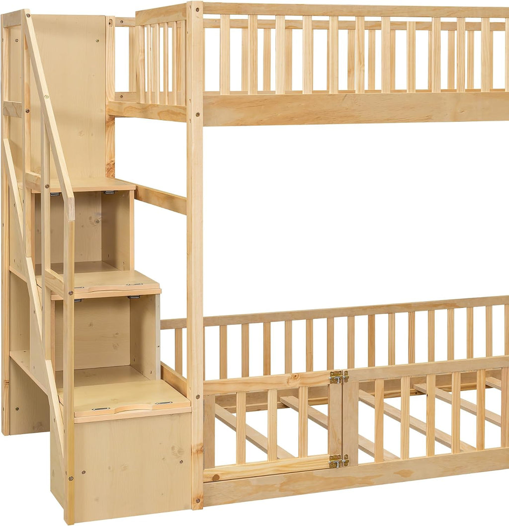 Twin Over Twin Floor Bunk Bed with Storage Ladder and Guardrails,for Kids Teens Adults (Natural#Ladder, Twin Over Twin)