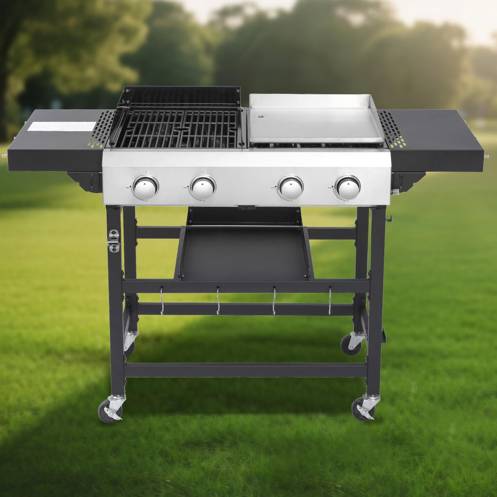 2+2 Gas Grill & Griddle Combo: 4 Burner Outdoor BBQ with Side Shelf & Storage - Modern Silver Black Design for Backyard Family Gatherings & Patio Parties