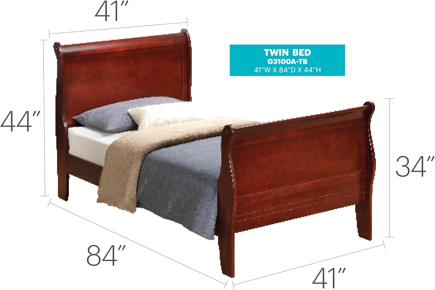 GDFStudio Twin Size Wood Platform Bed Frame, Classic Sleigh Design with Curved Trim & Wood Posts,Easy Assembly, Box Spring Required,Timeless Elegant Bedroom Furniture,Cherry