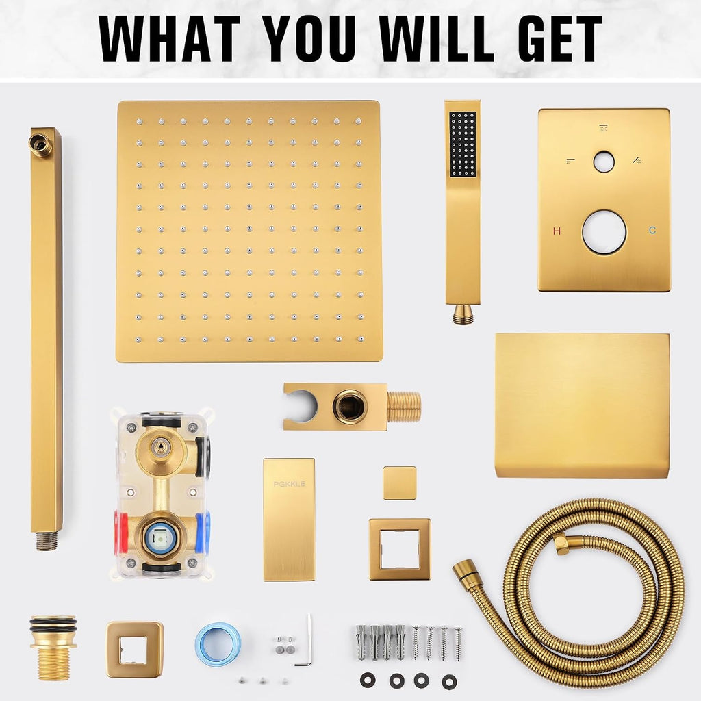 10 Inch Rainfall Shower System with Tub Spout - Wall Mounted Complete Combo with Solid Brass Pressure Balancing Valve, High Pressure Shower Head, Handle Set & Installation Accessories Brushed Gold