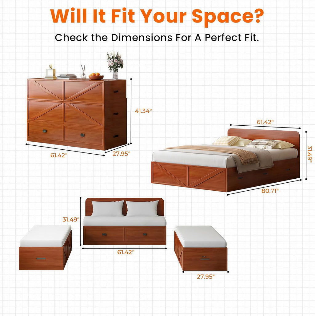 CECER Murphy Bed Queen with Mattress Include，Murphy Bed Queen with Storage Drawers，Multi-Functional Desgin that Converts to Sofa Set for Small Spaces/Guest Room/Bedroom（Maroon）