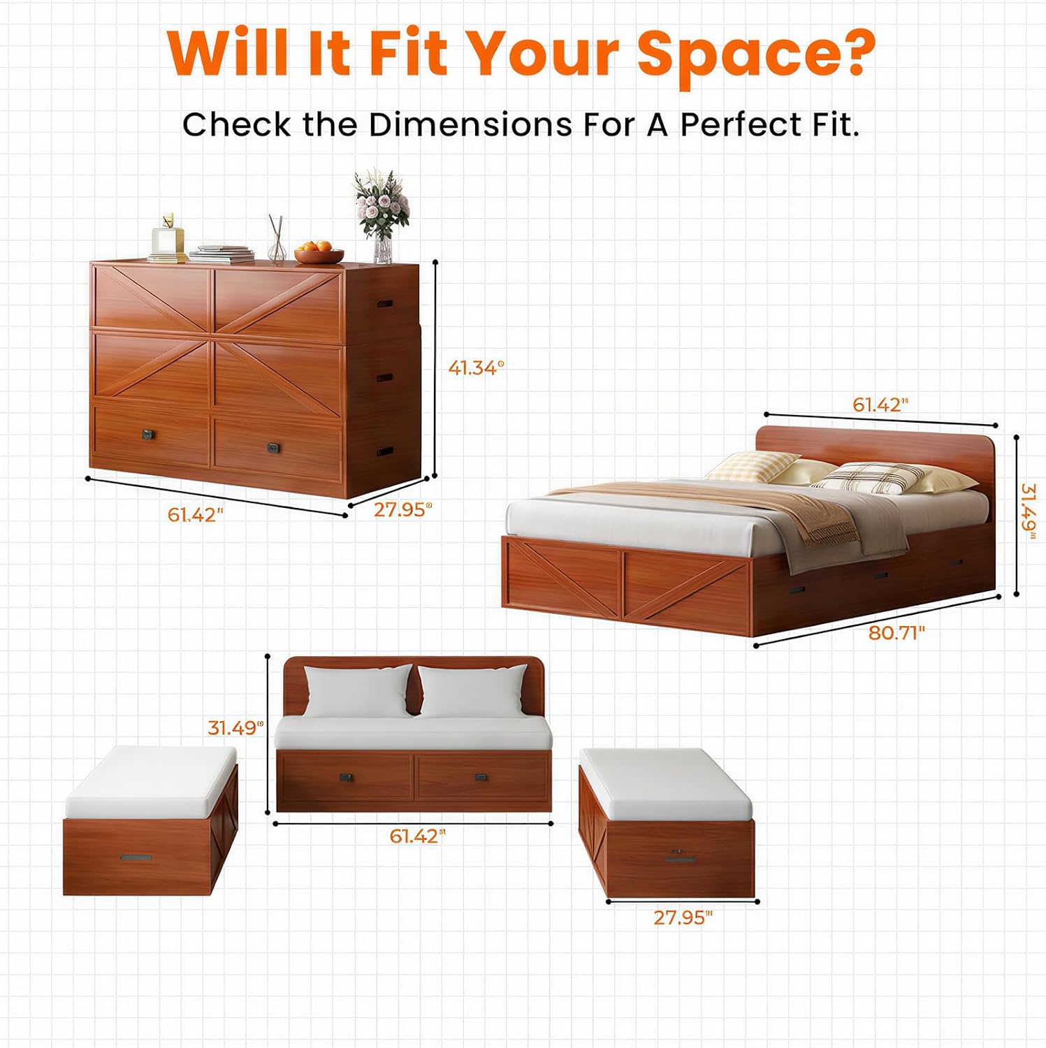 CECER Murphy Bed Queen with Mattress Include，Murphy Bed Queen with Storage Drawers，Multi-Functional Desgin that Converts to Sofa Set for Small Spaces/Guest Room/Bedroom（Maroon）
