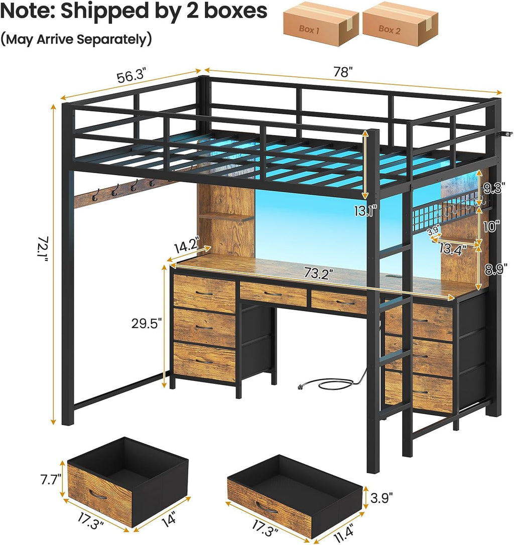 ADORNEVE Full Size Loft Bed with Desk and 8 Storage Drawers, Metal Loft Beds Full with LED Lights & Charging Sation, Heavy Duty Loft Bed Frame with 6 Storage Shelves, Space-Saving, Rustic Brown