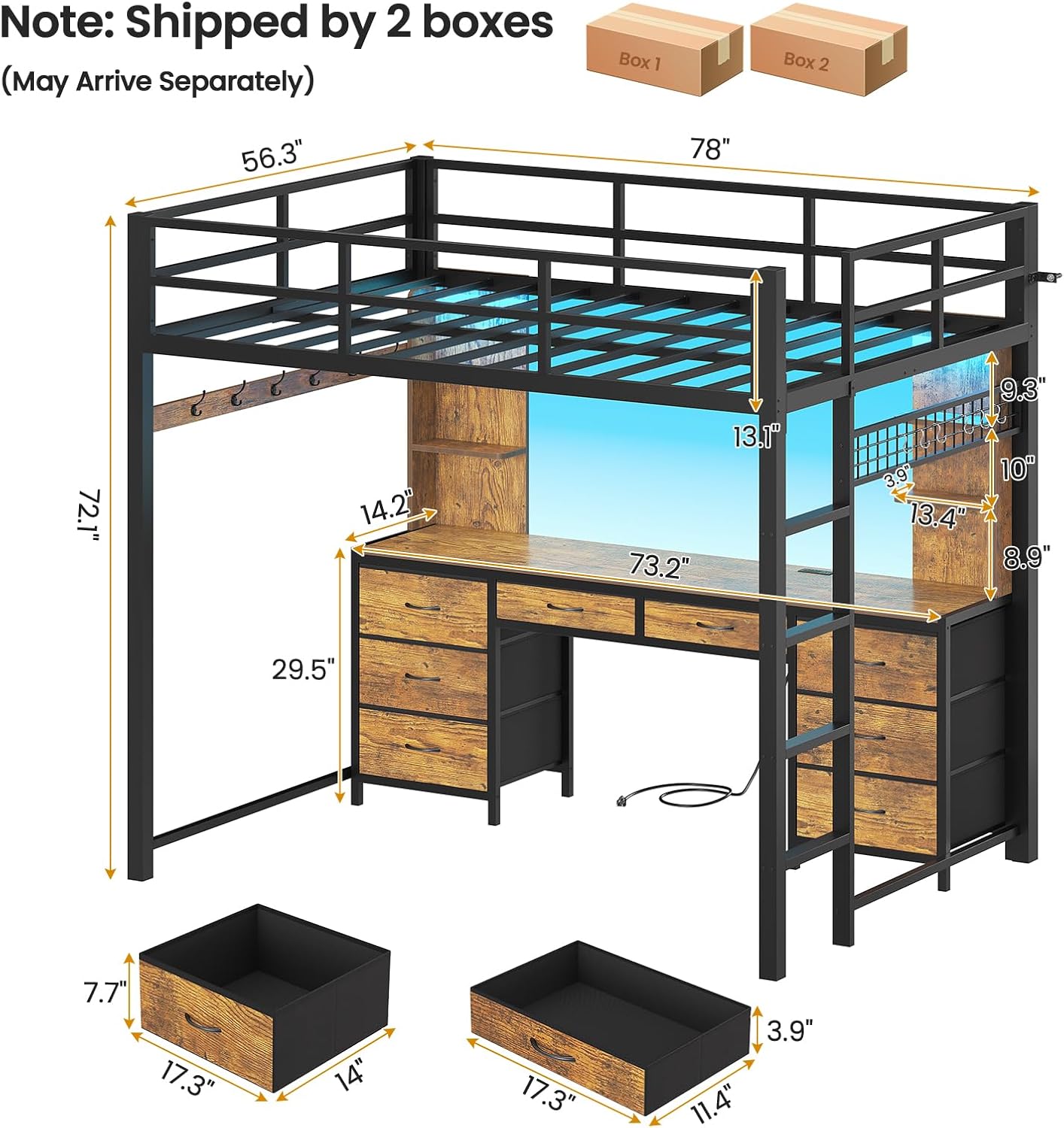 ADORNEVE Full Size Loft Bed with Desk and 8 Storage Drawers, Metal Loft Beds Full with LED Lights & Charging Sation, Heavy Duty Loft Bed Frame with 6 Storage Shelves, Space-Saving, Rustic Brown