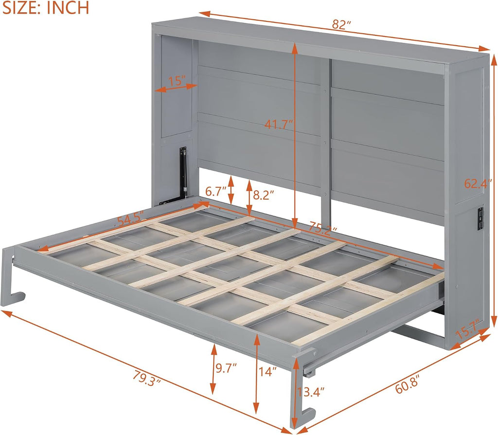 Harper & Bright Designs Full Size Murphy Bed, Wooden Full Murphy Wall Bed Frame with a Set of Sockets & USB Ports, Gray