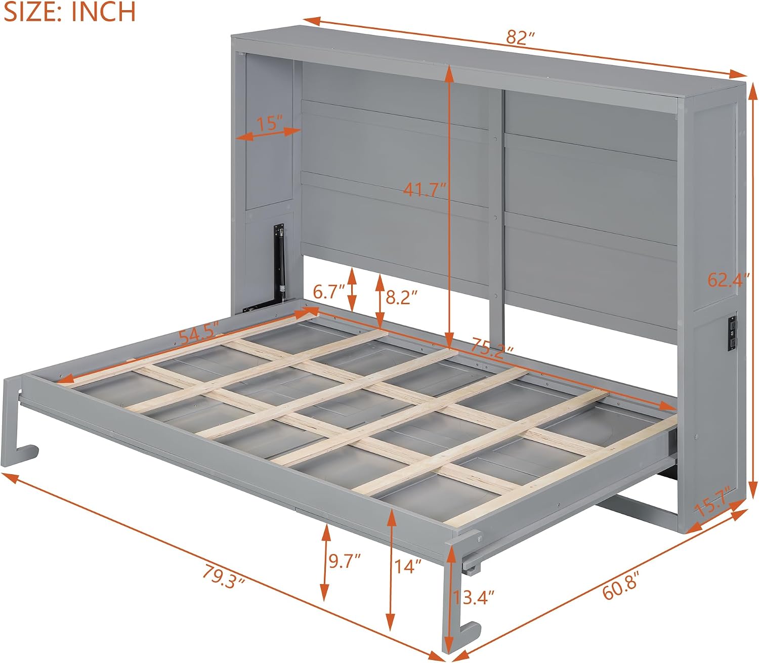 Harper & Bright Designs Full Size Murphy Bed, Wooden Full Murphy Wall Bed Frame with a Set of Sockets & USB Ports, Gray