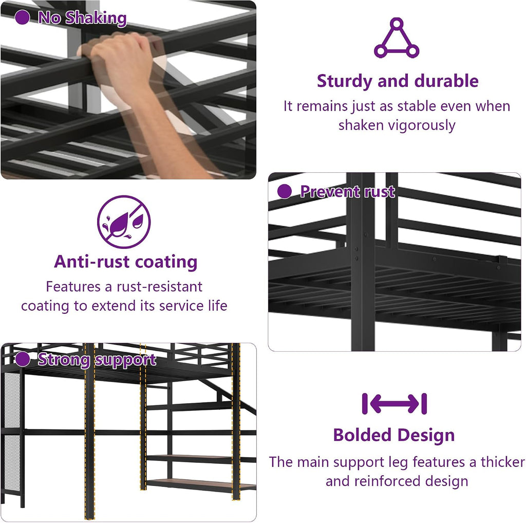 Bellemave Full Loft Bed with Desk & Storage Stairs, Metal Full Size Loft Bed Frame with Iron Nets, LED Lights & USB Ports, Heavy Duty Adult LoftBed for Bedroom, Noise-Free, Black