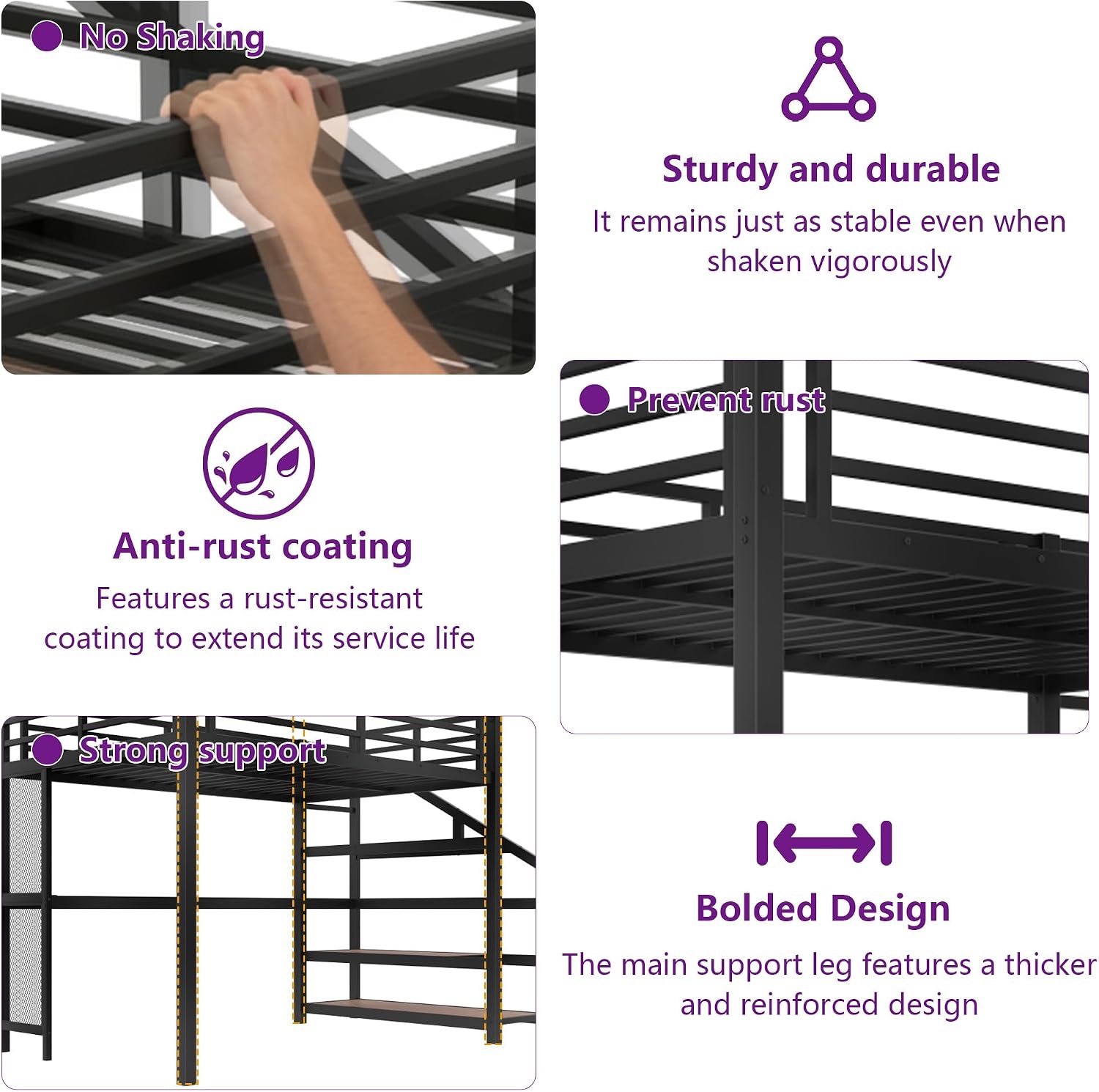 Bellemave Full Loft Bed with Desk & Storage Stairs, Metal Full Size Loft Bed Frame with Iron Nets, LED Lights & USB Ports, Heavy Duty Adult LoftBed for Bedroom, Noise-Free, Black