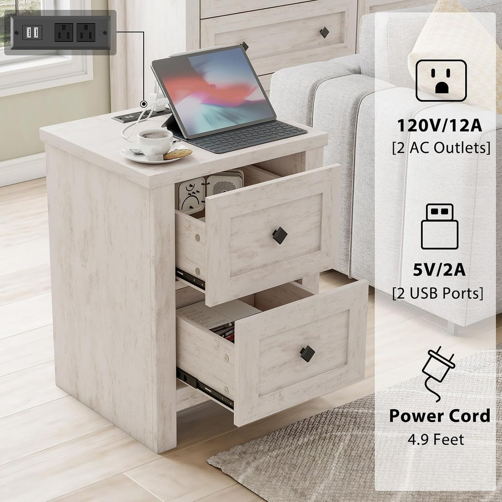 LUXOAK Bedroom Dresser and Nightstand 3 Piece Set, 1 X Wood Rustic 6 Drawer Storage Dresser, 2 X Farmhouse Nightstand with Charging Station, Farmhouse Bedroom Furniture Set, Rustic White