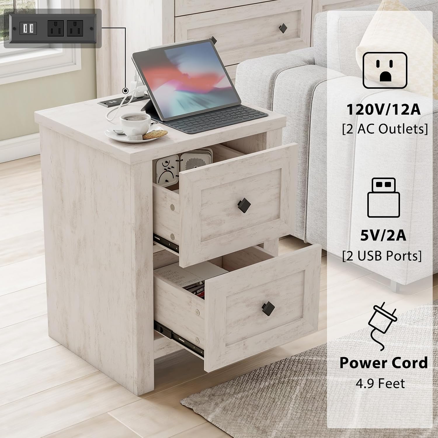 LUXOAK Bedroom Dresser and Nightstand 3 Piece Set, 1 X Wood Rustic 6 Drawer Storage Dresser, 2 X Farmhouse Nightstand with Charging Station, Farmhouse Bedroom Furniture Set, Rustic White