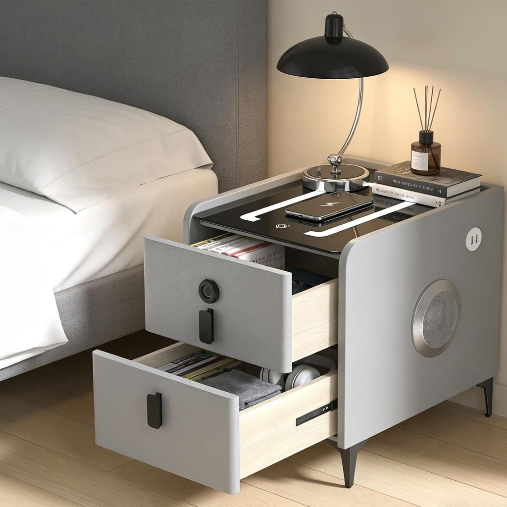 Night Stand Set 2, Grey Nightstand with Charging Station & Hutch, Night Stands for Bedrooms Set of 2, Bedside Table with Drawers and Bluetooth Speaker