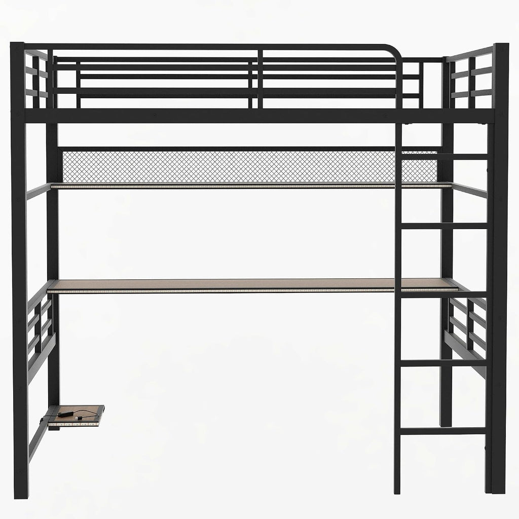 Ball & Cast Modern Full Size Loft Bed with Storage Shelve & LED Light,Metal Bedframe W/Built-in Desk & Computer Host Shelf,Space Saving,Child's and Adults' Bedroom Furniture for Studying Working,Black
