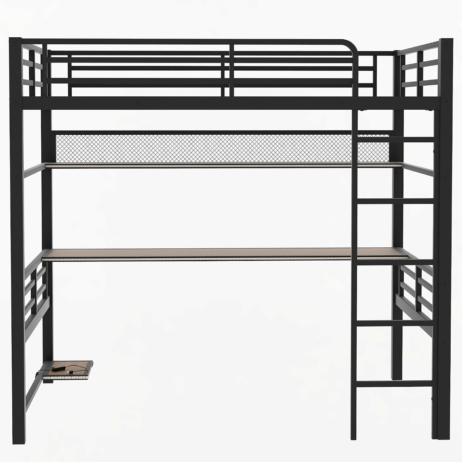 Ball & Cast Modern Full Size Loft Bed with Storage Shelve & LED Light,Metal Bedframe W/Built-in Desk & Computer Host Shelf,Space Saving,Child's and Adults' Bedroom Furniture for Studying Working,Black