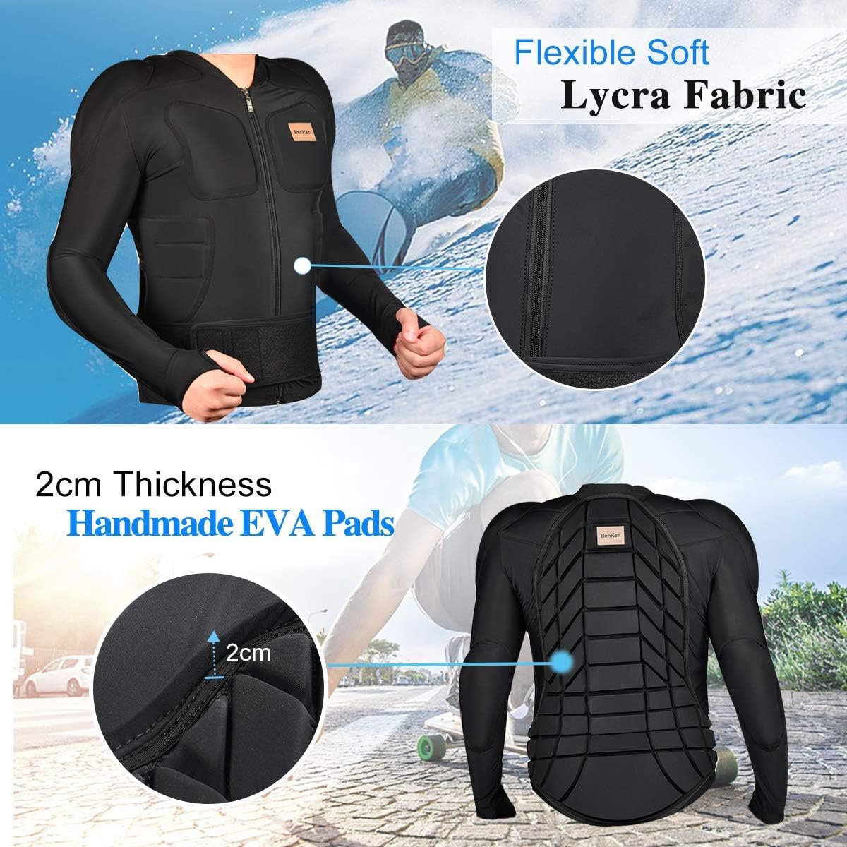 BenKen Men's Women's Professional Anti-Collision Sports Shirts, Protection of the Back, Motorcycle Protective Jacket for Skateboarding Skating Snowboarding Cycling