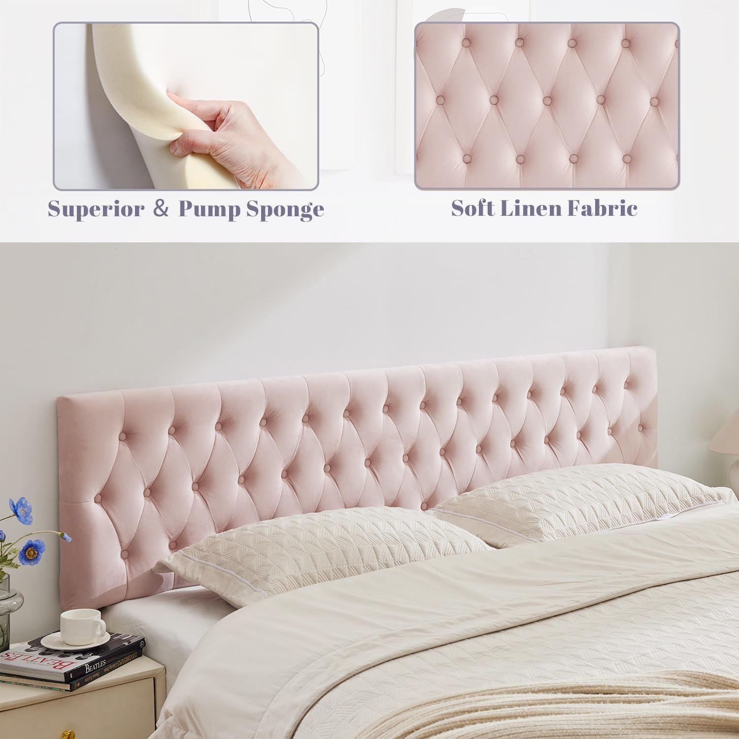 Kingfun Cal King Headboard only, Premium Velvet Upholstered Headboards in Modern Button Design, Tufted Bed Headboard, Adjustable Solid Wood Head Board (Pink)