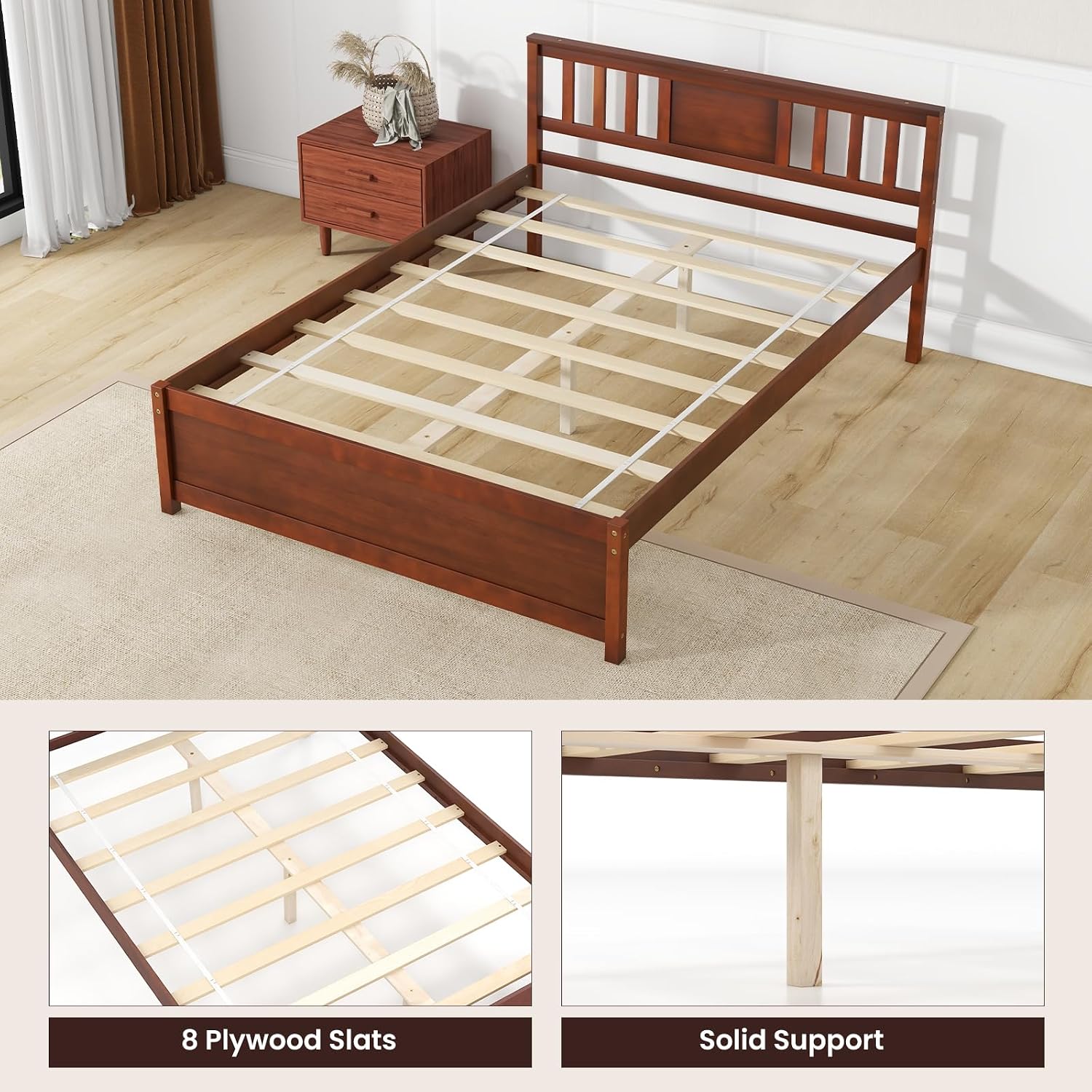 Giantex Full Size Solid Wood Platform Bed Frame, Mid Century Full Bed Frame with Headboard, Wood Slat Support, Double Panel Bed, No Box Spring Needed, Easy Assembly, Walnut