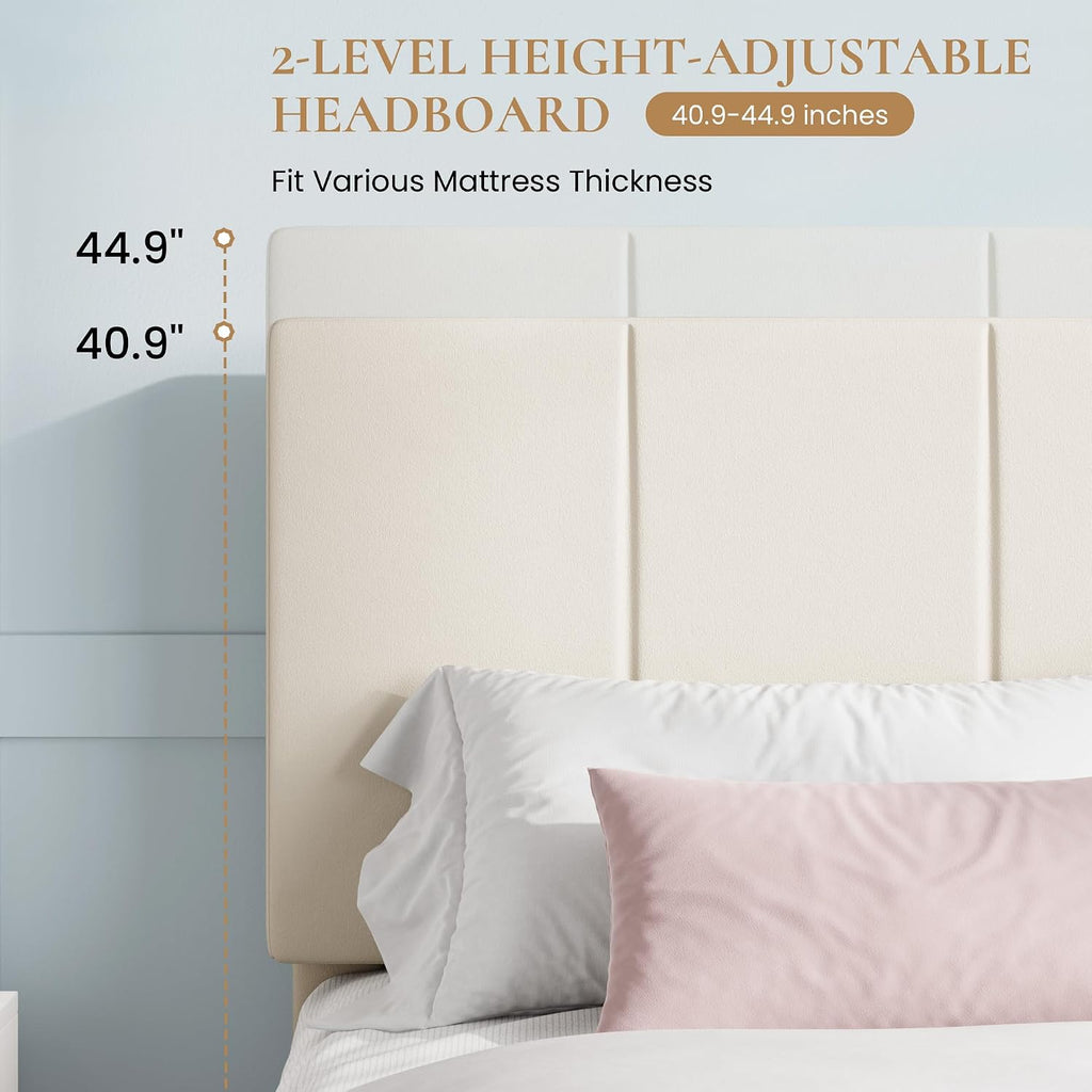SHA CERLIN Full Size Bed Frame, Dutch Velvet Upholstered Platform Bed, Vertical Channel Tufted Adjustable Headboard, Low Profile Bed Frame, No Box Spring Needed, Easy Assembly, Cream